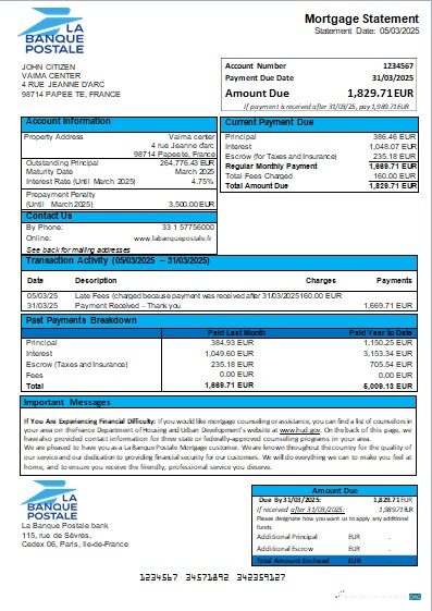 Download France La Banque Postale bank mortgage statement scr Photoshop template